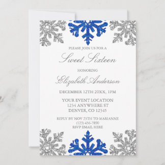 Silver Blue Snowflake Winter Sweet 16 Einladung