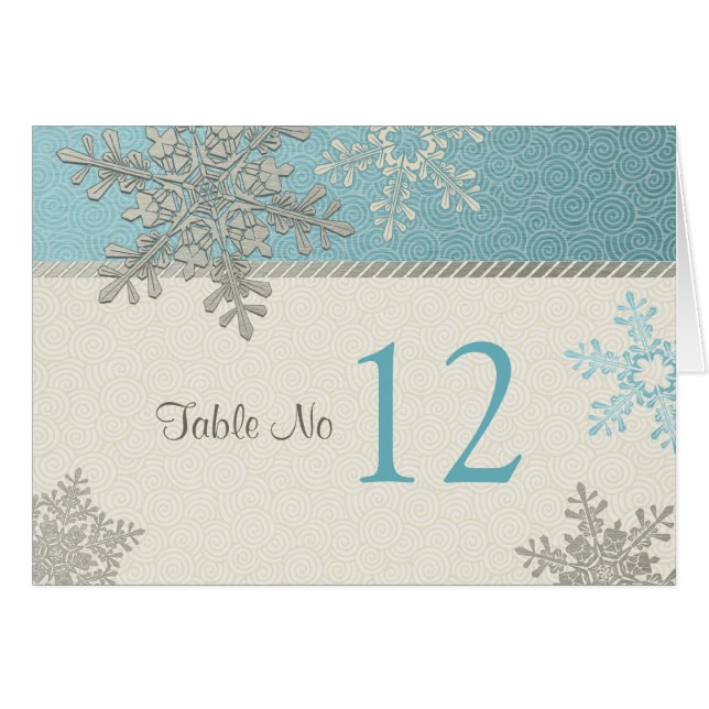 Silver Blue Snowflake Winter Wedding Table Card (Vorderseite (Horizontal))