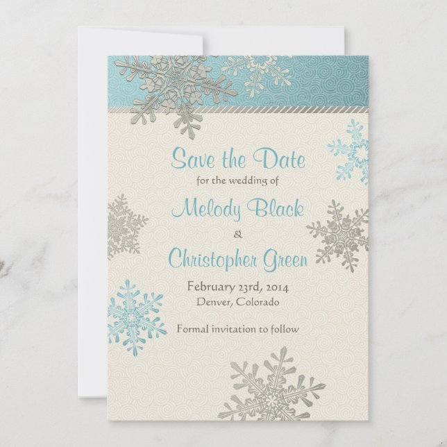 Silver Blue Snowflake Winterhochzeit Save the Date (Vorderseite)