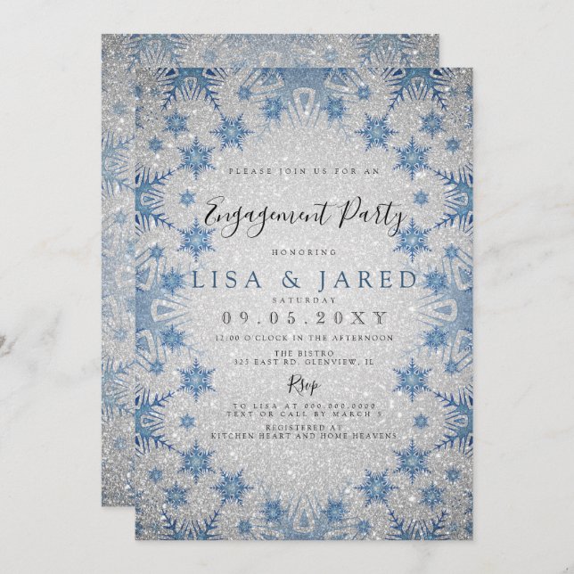 Silver Blue Snowflakes Winter Engagement Party Einladung (Vorne/Hinten)