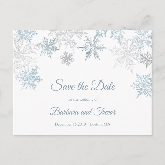 Silver Blue Snowflakes Winter Save the Date Ankündigungspostkarte (Vorderseite)