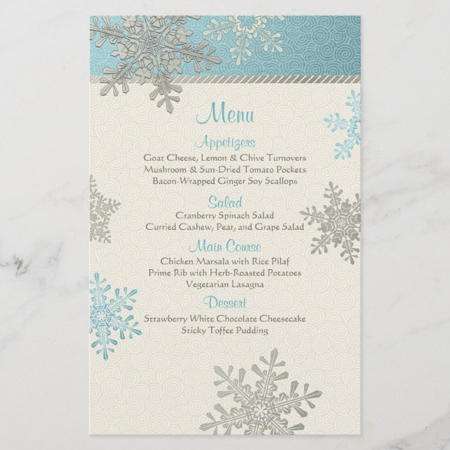 Silver Blue Snowflakes Winter Wedding Menu Card (Vorderseite)