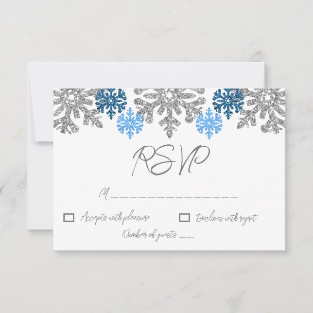 Silver Blue Snowflakes Winter Wedding RSVP Karte (Vorderseite)