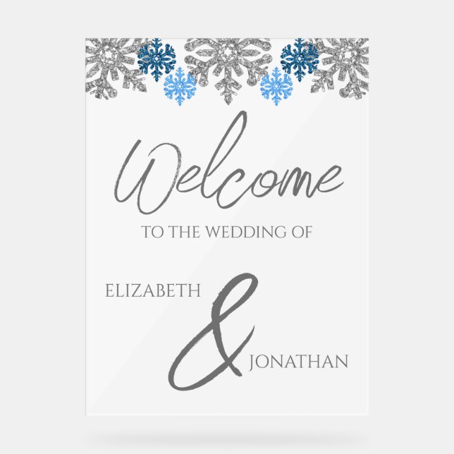 Silver Blue Snowflakes Winterhochzeit Acrylschild (Vorderseite)