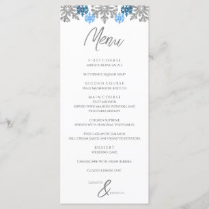 Silver Blue Snowflakes Winterhochzeit Menükarte