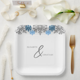 Silver Blue Snowflakes Winterhochzeit Pappteller