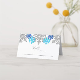 Silver Blue Snowflakes Winterhochzeit Platzkarte