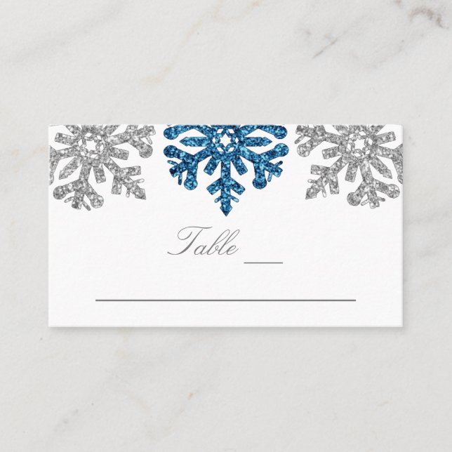 Silver Blue Snowflakes Winterhochzeit Platzkarte (Vorderseite)