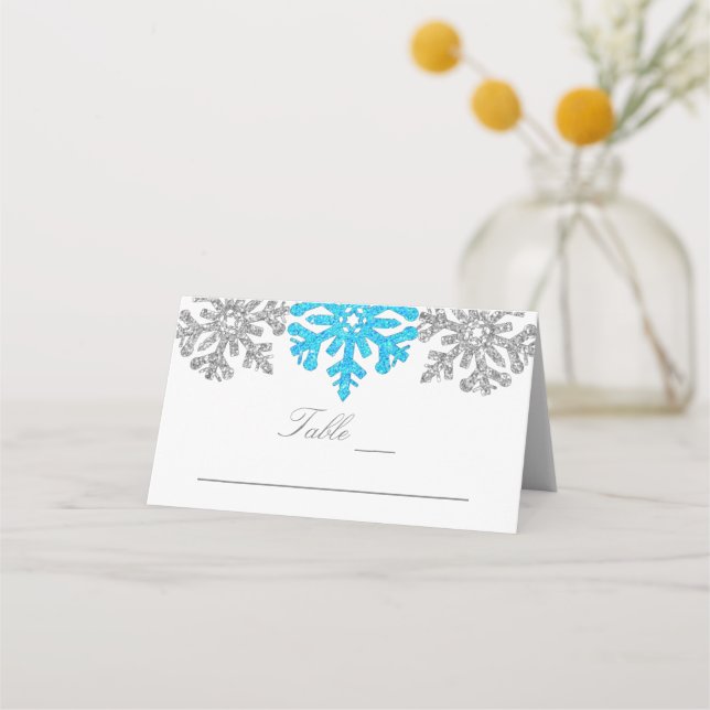 Silver Blue Snowflakes Winterhochzeit Platzkarte (Vorderseite)