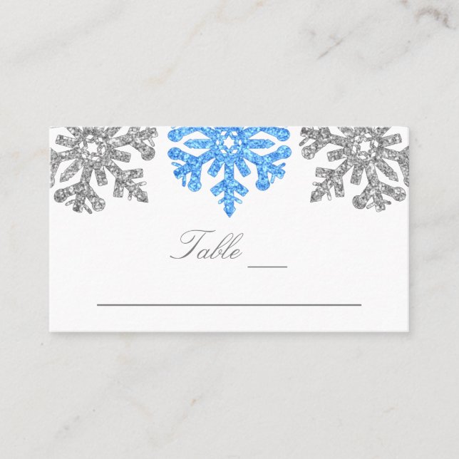 Silver Blue Snowflakes Winterhochzeit Platzkarte (Vorderseite)