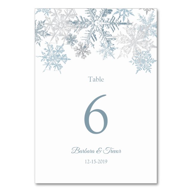 Silver Blue Snowflakes Winterhochzeit Tischnummer (Vorderseite)