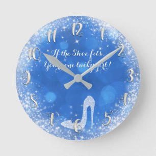 Silver & Blue Sparkle High Heel Princess Slipper Runde Wanduhr