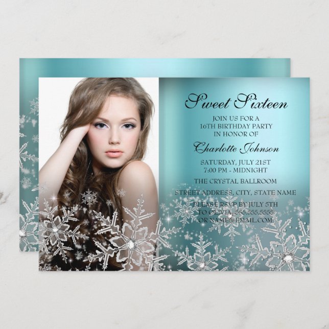 Silver Blue Sparkle Snowflake Foto Sweet 16 Einladung (Vorne/Hinten)
