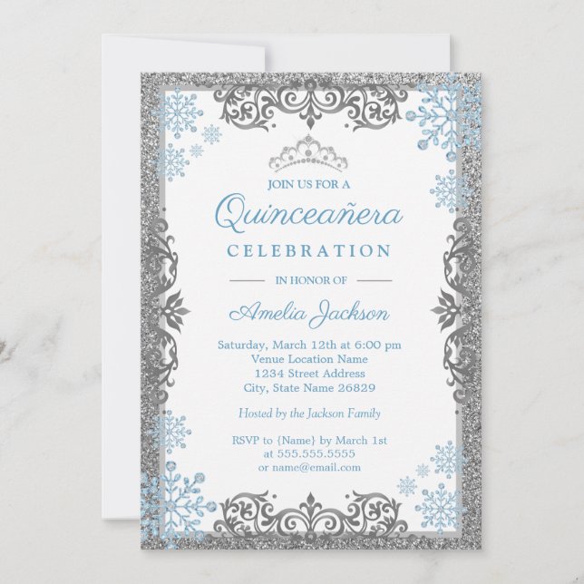 Silver Blue Sparkle Snowflake Quinceanera Einladun Einladung (Vorderseite)