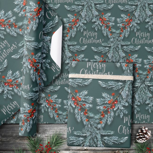 Silver Blue Spruce Red Berries Frohe Weihnachten Geschenkpapier (Von Creator hochgeladen)