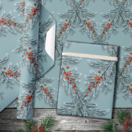 Silver Blue Spruce Red Berries Lattice Blue Geschenkpapier