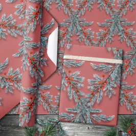 Silver Blue Spruce Red Berries Lattice Pink Red Geschenkpapier
