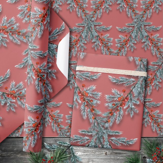 Silver Blue Spruce Red Berries Lattice Pink Red Geschenkpapier (Von Creator hochgeladen)
