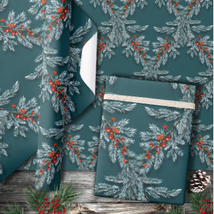 Silver Blue Spruce Red Ilex Berries Lattice Aquama Geschenkpapier