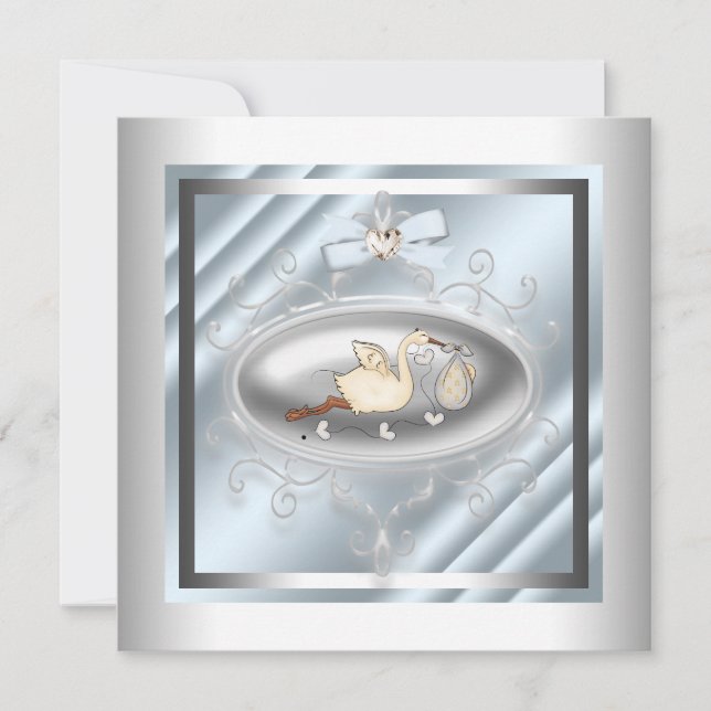Silver Blue Stork Baby Boy Dusche Einladung (Vorderseite)