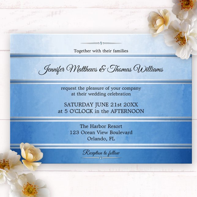 Silver Blue Striped Tone on Tone Wedding Einladung (Wedding invitation featuring an elegant painted blue ton sur ton striped design with a silver lining)