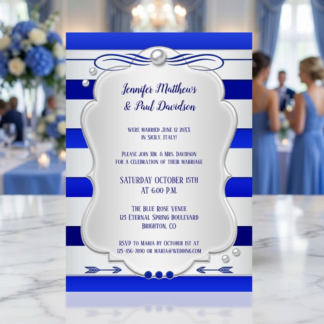 Silver Blue Striping Post Wedding Party Einladung (Post wedding party invitation featuring a silver with navy and royal blue stripe with tiny pearls)