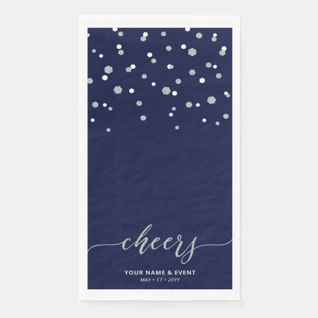 Silver Blue Stylish Script Confetti Cheers Party Serviette (Vorderseite)