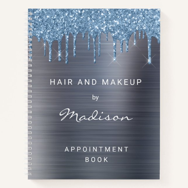 Silver Blue Tropfen Glitzer Brushed Metal Termin Notizbuch (Vorderseite)