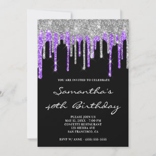 Silver Blue Violet Glitzer Tropfens Black Birthday Einladung