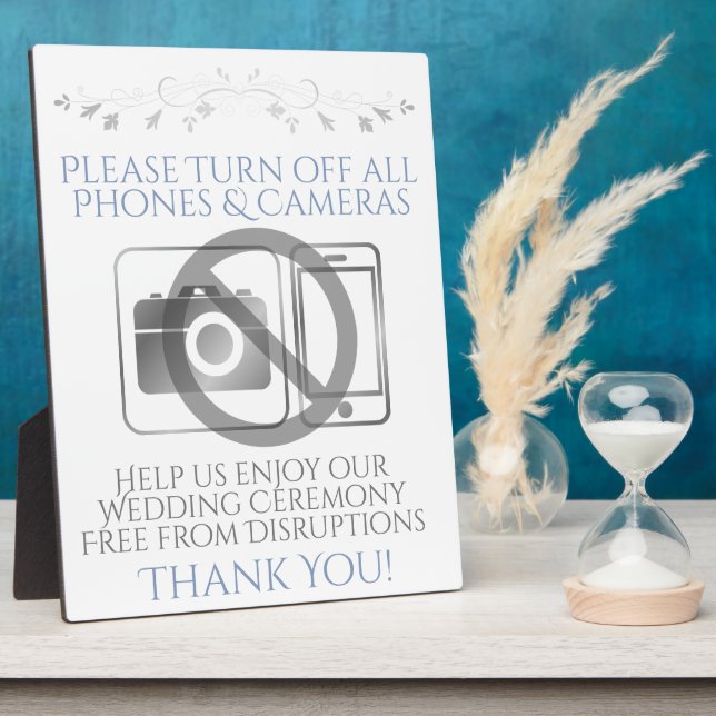 Silver & Blue Wedding No Phones oder Kameras Zeich Fotoplatte (Seite)