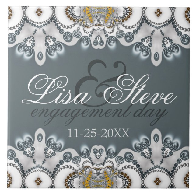 Silver Blue + White Lacy Verlobung - Geschenk beha Fliese (Vorderseite)