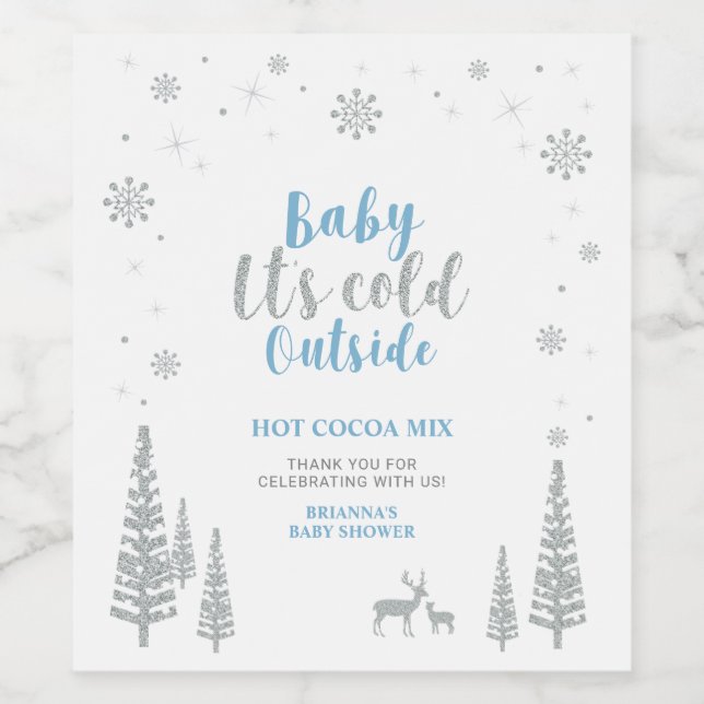 Silver & Blue Winter Baby Shower Favor Drink Mix Weinetikett (Einzelnes Label)
