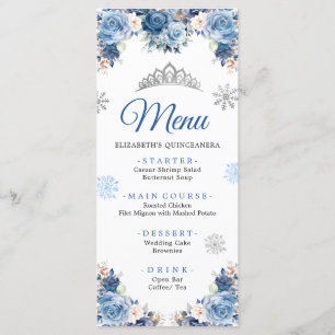 Silver Blue Winter Magic Snowflake Mis Quince Menükarte