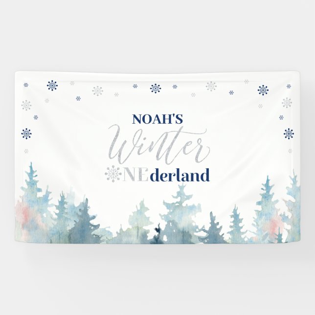 Silver & Blue Winter Onederland 1. Geburtstag Part Banner (Horizontal)