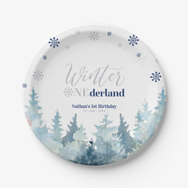Silver & Blue Winter Onederland Snow 1. Geburtstag Pappteller (Vorderseite)