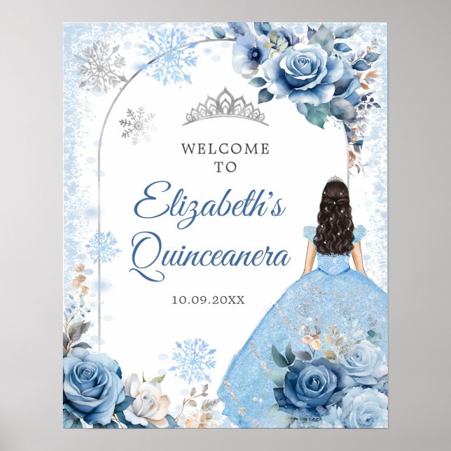 Silver Blue Winter Snowflake Mis Quince Willkommen Poster (Vorne)