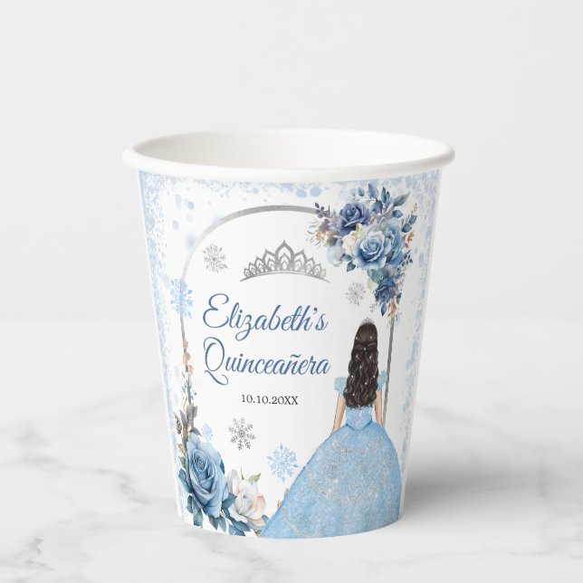 Silver Blue Winter Snowflake Quinceañera Paper Cup Pappbecher (Vorderseite)