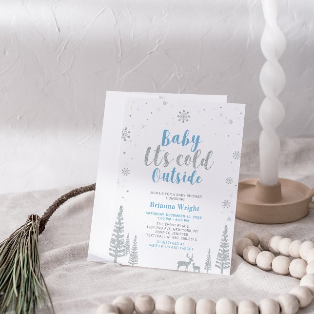 Silver & Blue Winter Wonderland Boy Baby Dusche in Einladung (Von Creator hochgeladen)