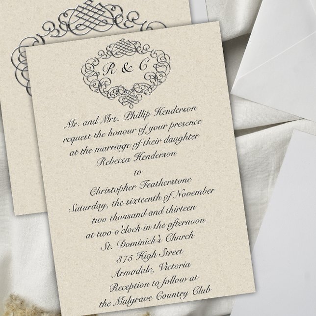 Silver Blühe Mit Monogramm Cream Wedding Einladung (Von Creator hochgeladen)