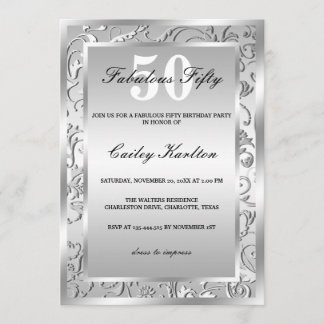 Silver Blühte Verziertes Muster Fabulous Fifty Einladung