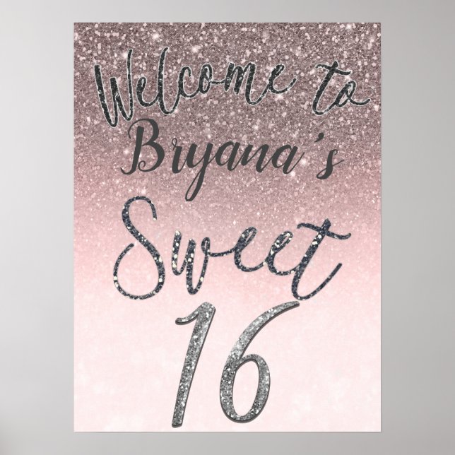Silver & Blush Glitzer Willkommen Sweet 16 Party S Poster (Vorne)