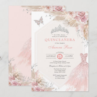 Silver Blush Pink Boho Floral Quinceañera Geburtst Einladung