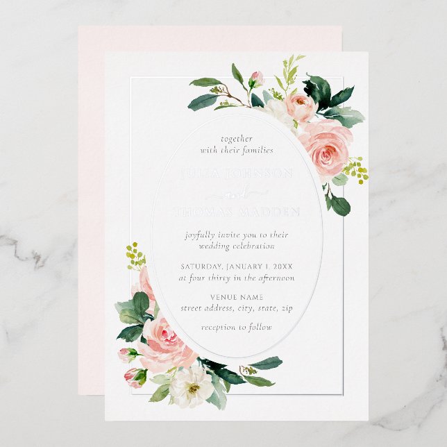 Silver Blush Pink Floral Frame Wedding Folieneinladung (Vorderseite/Rückseite)