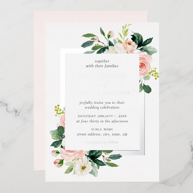 Silver Blush Pink Floral Frame Wedding Folieneinladung (Vorderseite/Rückseite)