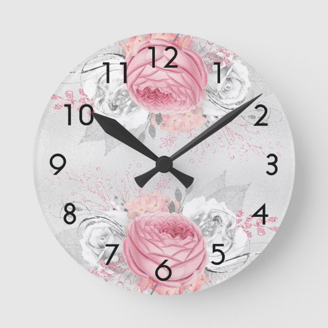 Silver Blush Pink Florals Elegant Runde Wanduhr (Vorderseite)