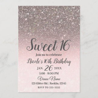 Silver & Blush Pink Glitzer Sparkle Glam Sweet 16 Einladung