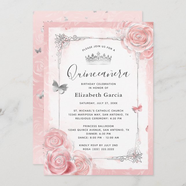 Silver Blush Pink Roses Wasserfarbe Quinceanera Einladung (Vorne/Hinten)