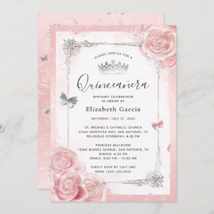 Silver Blush Pink Roses Wasserfarbe Quinceanera Einladung