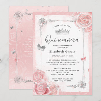 Silver Blush Pink Roses Wasserfarbe Quinceanera Einladung