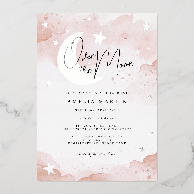Silver Blush über der Mond Babydusche Folieneinladung (Vorderseite)